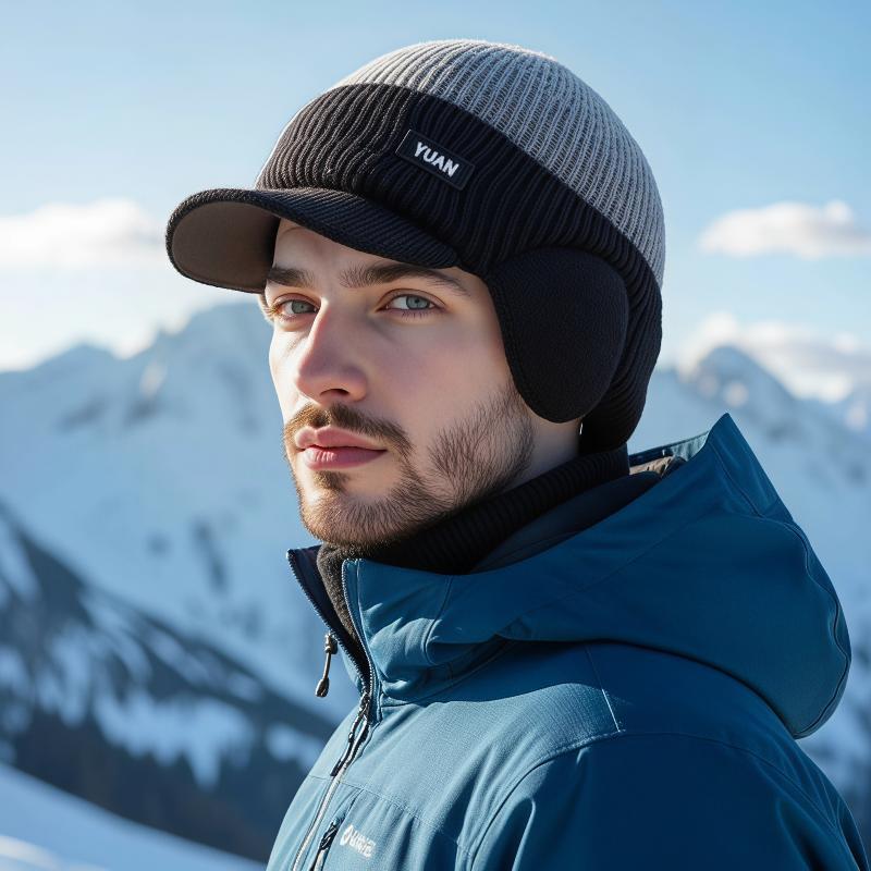 Mens Warm Knitted Winter Hat With Ear Flaps And Visor For Skiing Hiking Camping Cold Weather Outdoor Activities