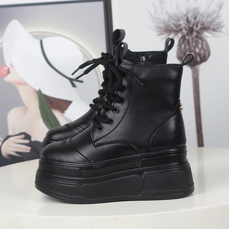 Fashion 12CM Cow Genuine Leather Spring Women Autumn British Motorcycle Fashion Ankle Boots Platform Wedge Flats Slip On Shoes