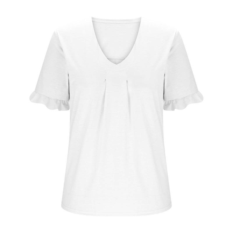 Women S Plus Size Casual Solid Short Sleeve Petal Sleeve V Neck Top