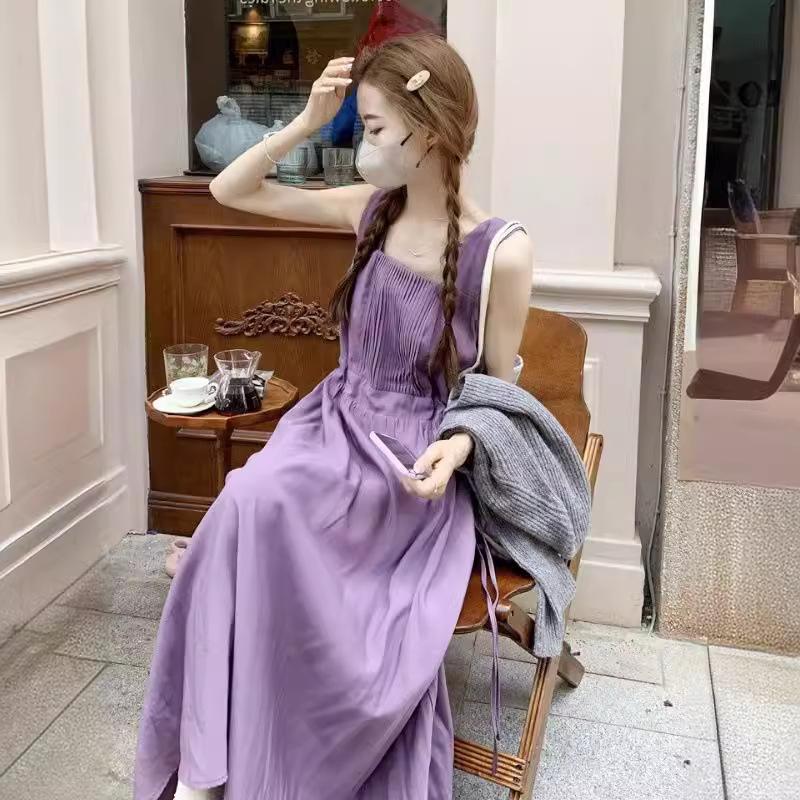 French Gentle Purple Sleeveless Spaghetti Strap Dress for Women, Summer Elegance Drawstring Waist-Cinching Slimming Camisole Long Dress