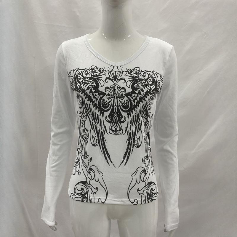 Y2K Spring and Autumn Printed Tight Fit Fit Top Round Neck Women's Wear