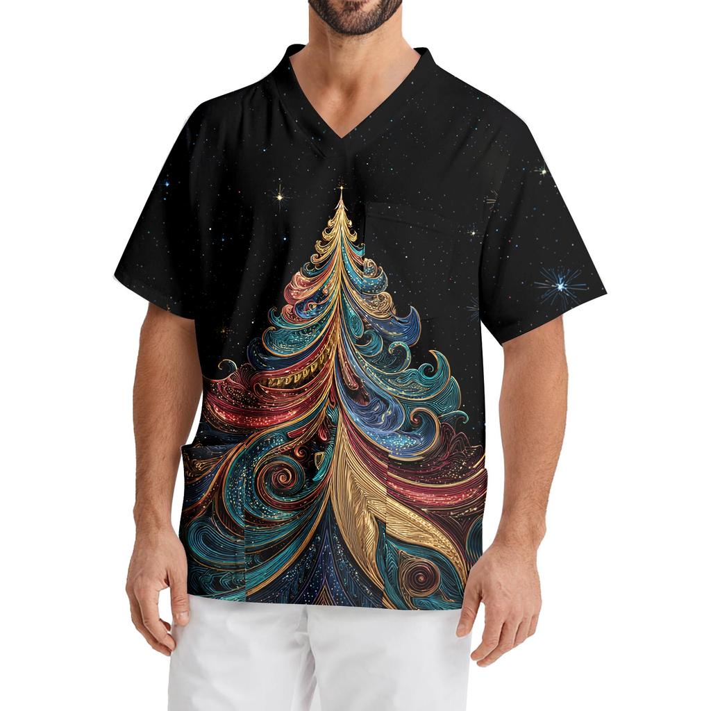 Men's Printing Short Sleeve V-neck Working Blouse Chest Pocket Carer Top