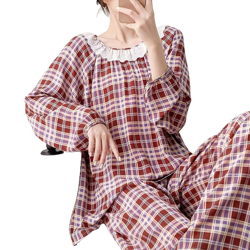 Spring and Summer New Plaid Printing Crew Neck Lace Long-sleeved Trousers Pajamas Set Women's Loungewear Loose Spot