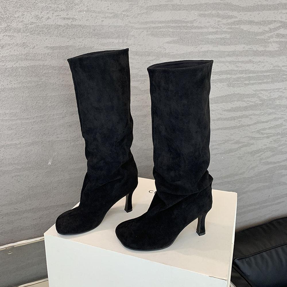

2025 осень и зима новые замшевые сапоги на высоком каблуке женские, но до колена, на тонком каблуке, с острым носком, с подкладкой из ворса, тонкие универсальные сапоги-рыцари 35 чёрный