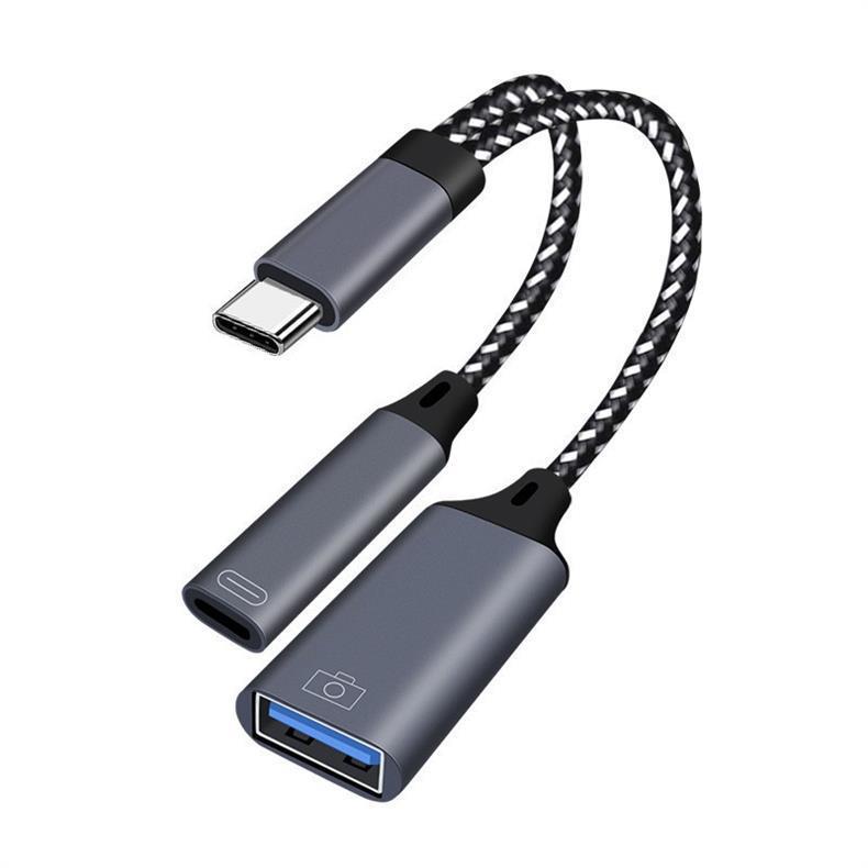 Type-C Dual Port USB OTG Adapter: Charge, Connect Flash Drives, Read Cards, Transmit Data, Play Audio