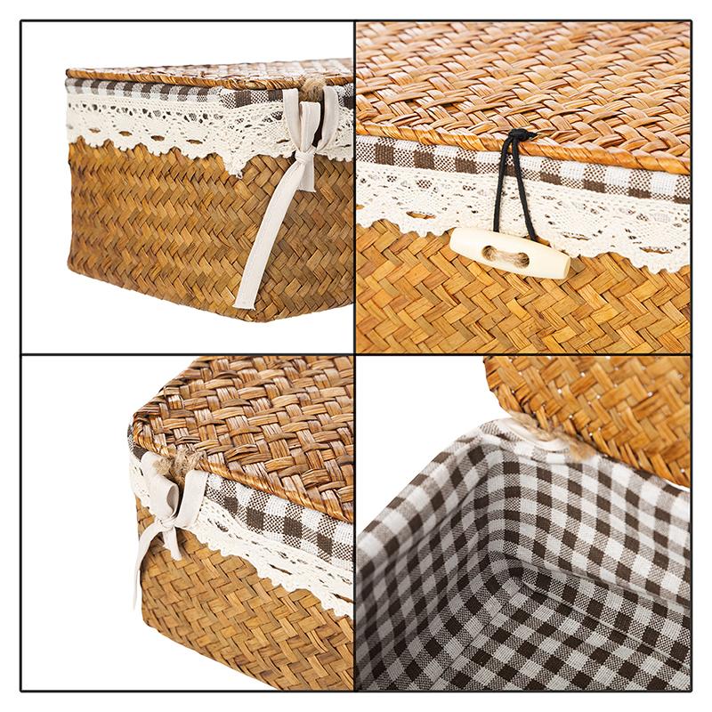 WCIC New Home Seagrass Handmade Straw Woven Storage Basket Desktop Storage Box With Lid With Checkered