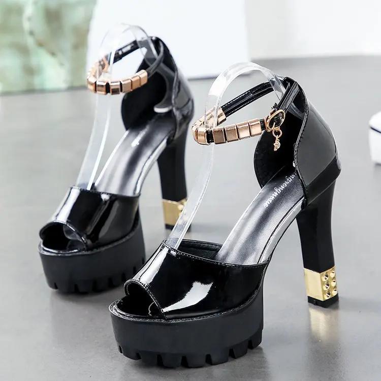 Moda Damskie Czółenka Wiosna Lato Cyrkonie 11,5 cm Wysokie Obcasy Buty Platforma Grube Obcasy Sandały Platforma Pasek na Kostkę Buty Damskie