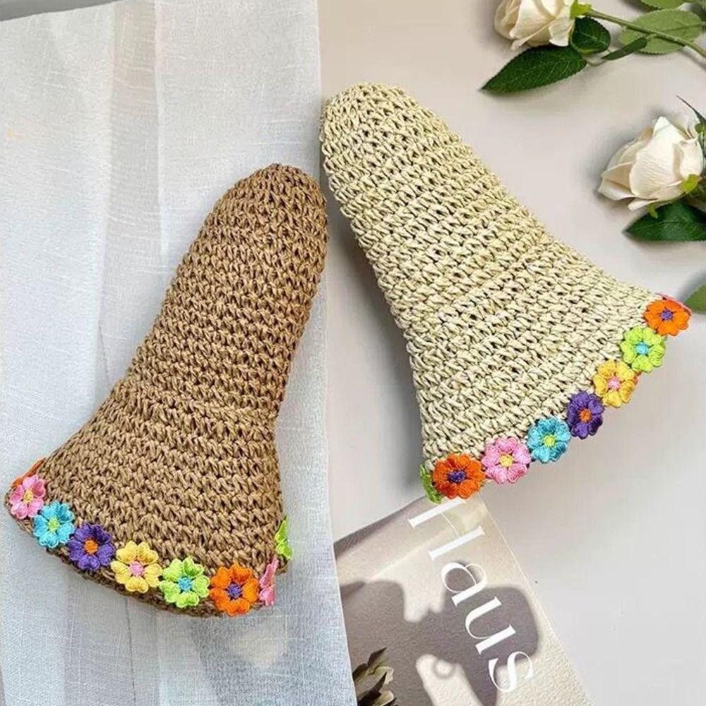 New Flowers Straw Hat Sun Protection Wide Brim Woven Hat Elegant Foldable Sunshade Hat Seaside