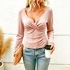 Women's Long Sleeve V-Neck Blouse Elegant Color Cross Front Top for Fall