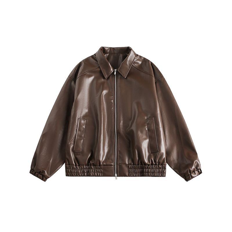 

Men s Autumn New American Retro Biker Cool Street Zipper Loose Leather Jacket Couple Jacket Men s Coat Curry color 2XL