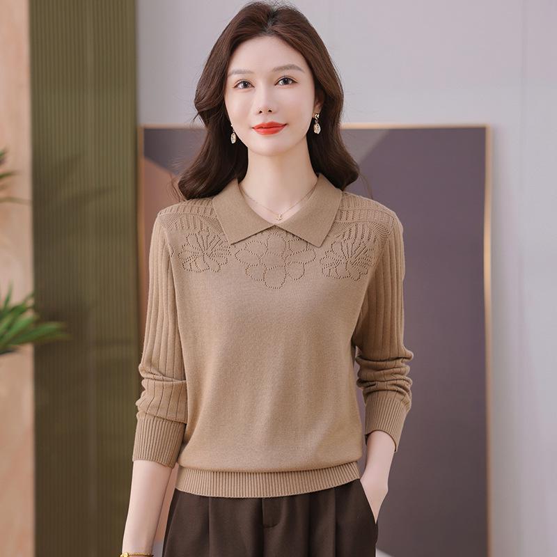 Autumn 2025 Hollowed-Out Long-Sleeve Knitted Sweater with Turn-Down Collar - Women's Fashionable Base Layer Pullover