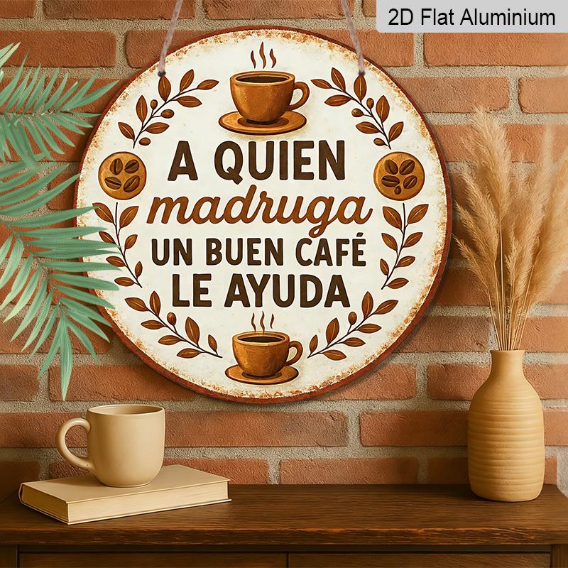 2D Flat, 1pc Vintage Spanish Coffee Quote Metal Sign "A Quien Madruga Un Buen Cafe Le Ayuda"-7.87" Rustic Aluminum Cafe Wall Art with Coffee Beans