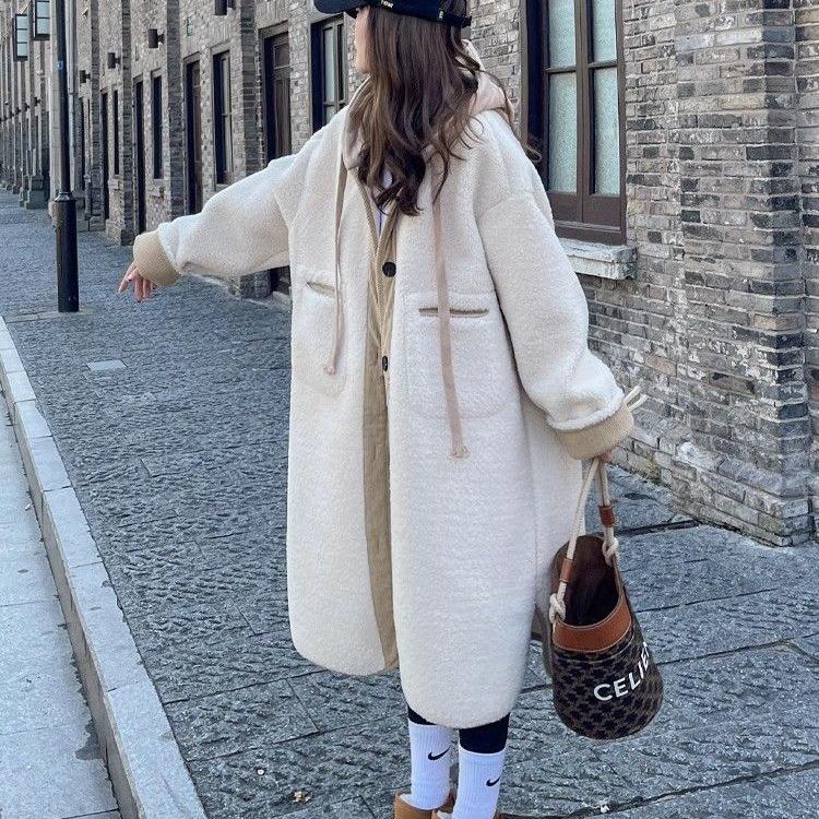 Beige Hooded Lambswool Mid-Length Coat - Thickened Korean Style, Loose Fit, Autumn/Winter Plush Jacket