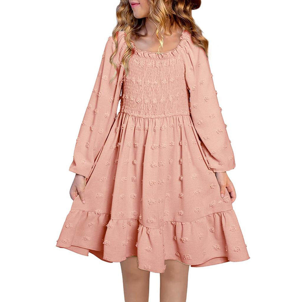 Girls' Fashionable And Cute Solid Color Long-Sleeved Square Neckline Pleated Dress