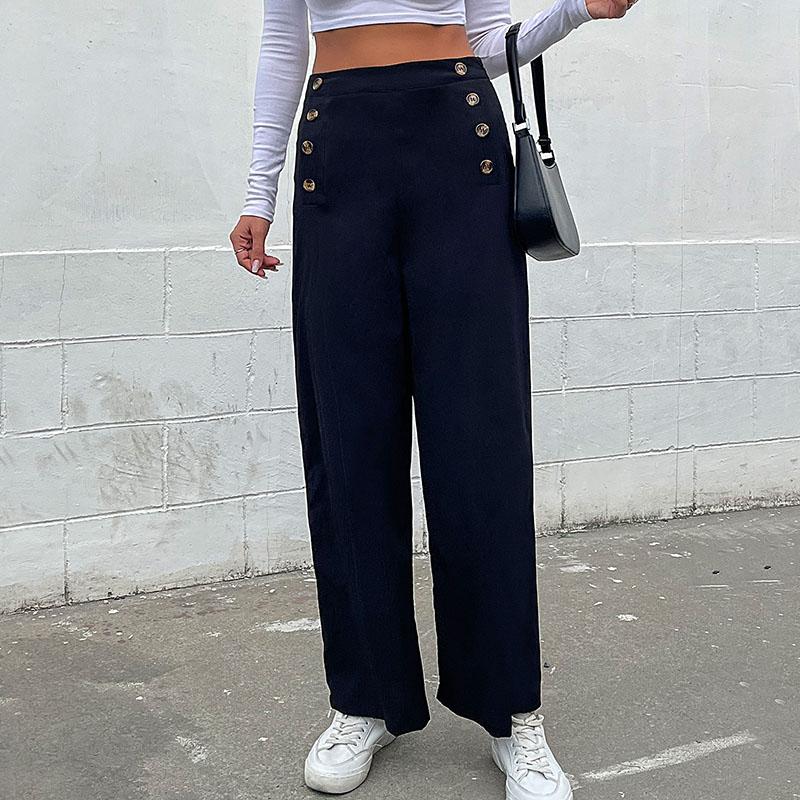 YYFS Damenmode, lässig, einfarbig, mit Knöpfen, Hosen und Caprihosen