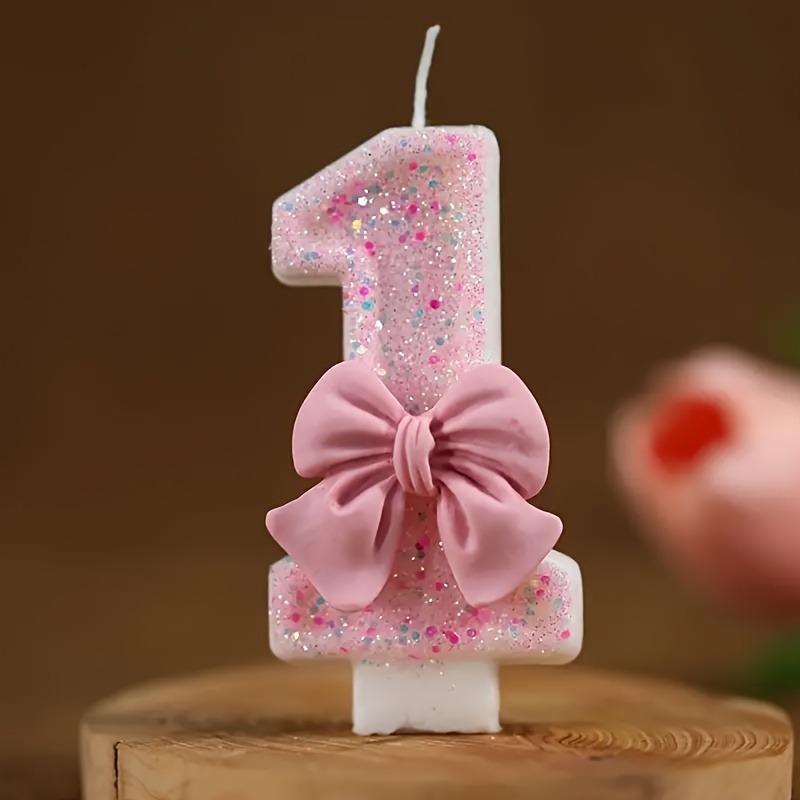 Pink Bow Glitter Number Candles for Birthday Party Cake Decoration 1 розовый