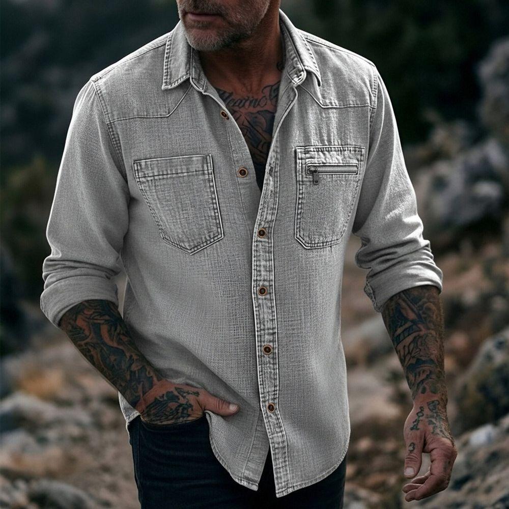 Camicia da uomo vintage in denim lavato a maniche lunghe con bottoni e tasca con zip, casual, da lavoro