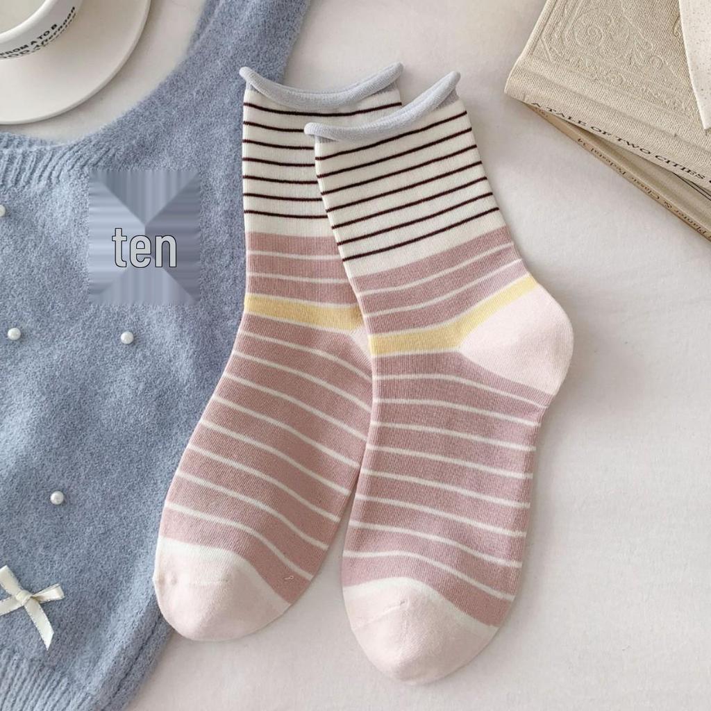 Korean Style Stripe & Ruffle Mid-Calf Socks - Versatile, Sweet, and Colorful Cotton Socks