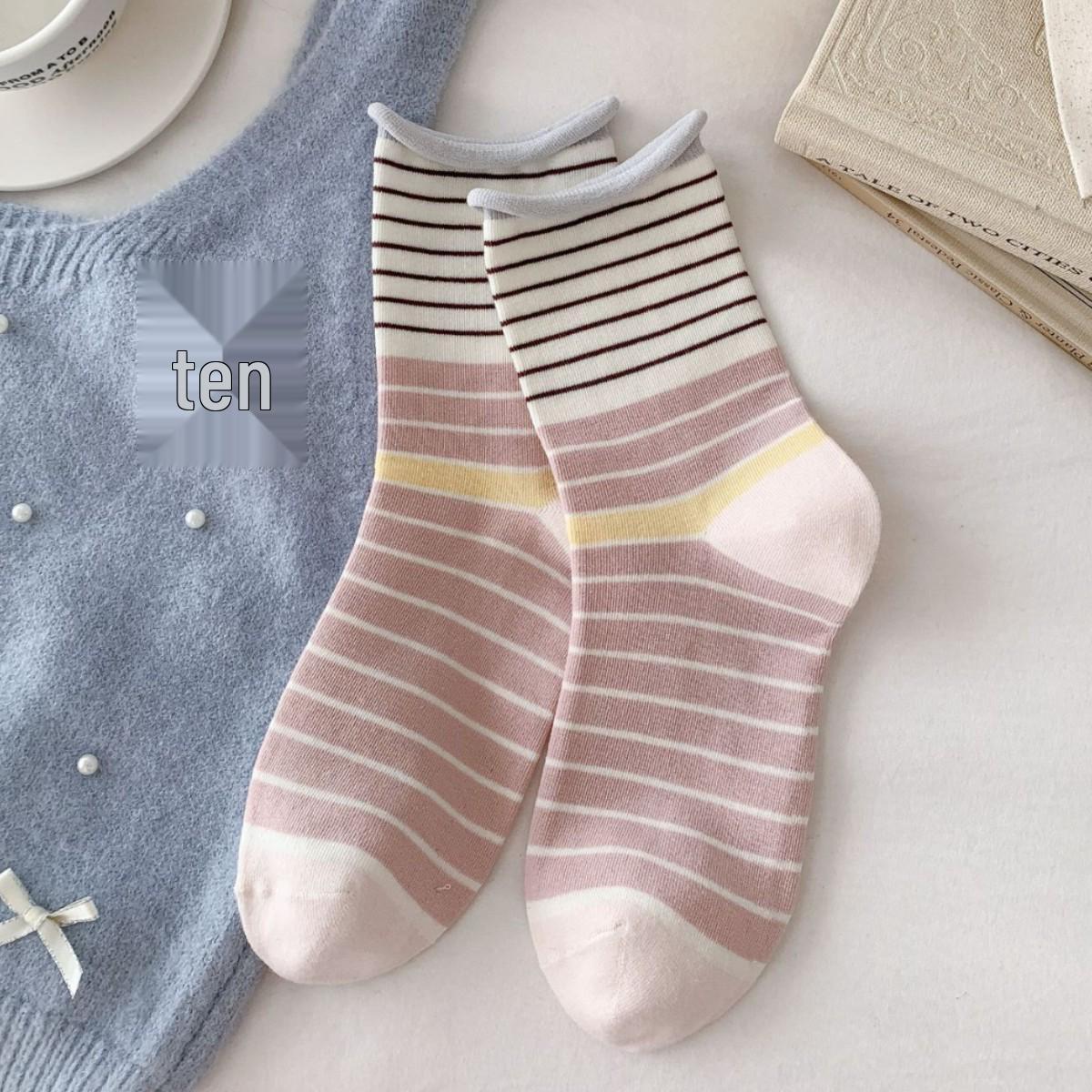 Korean Style Stripe & Ruffle Mid-Calf Socks - Versatile, Sweet, and Colorful Cotton Socks