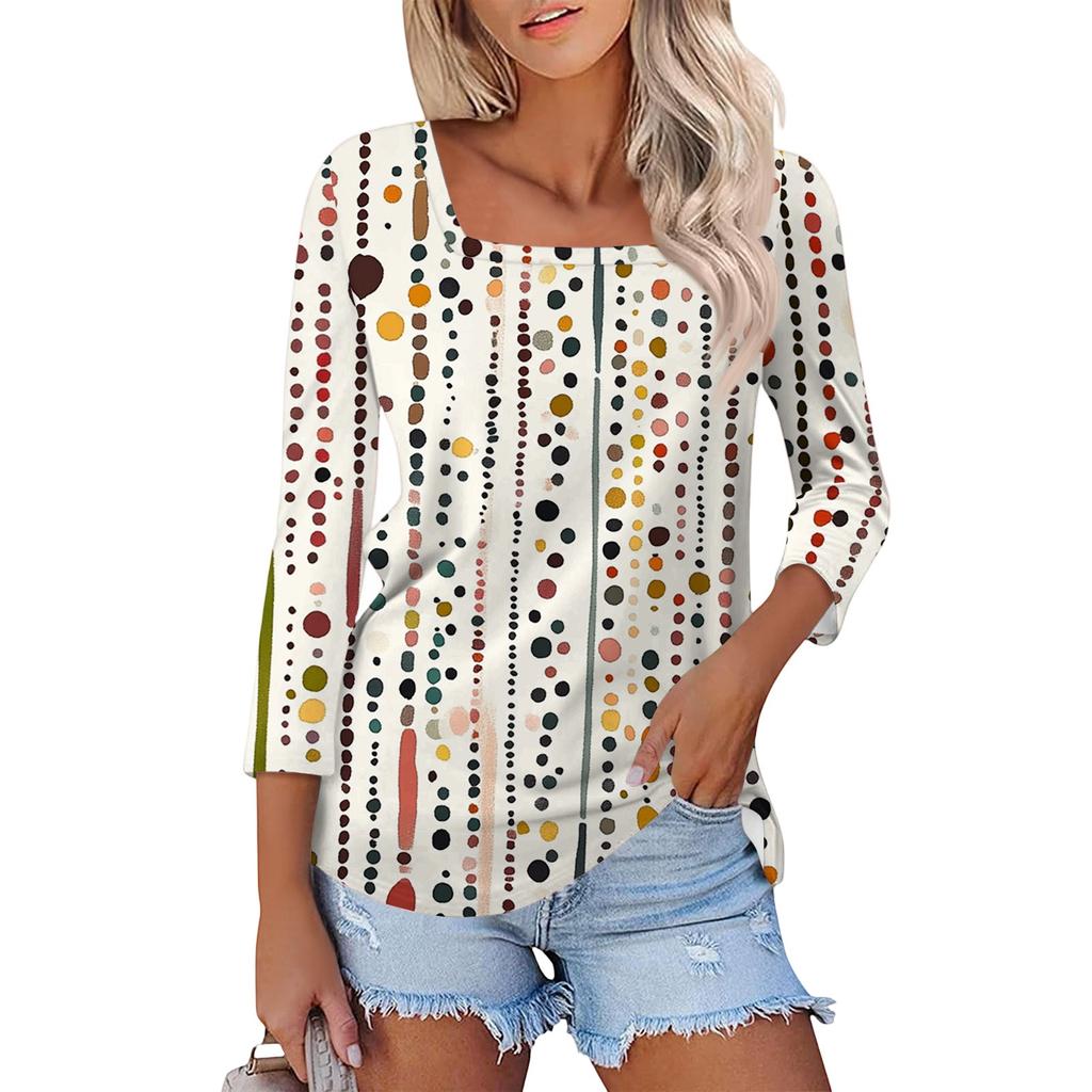 Women's T Shirt Tee Print 3/4 Sleeve Daily Weekend Fashion Basic Square Neck  Regular Top