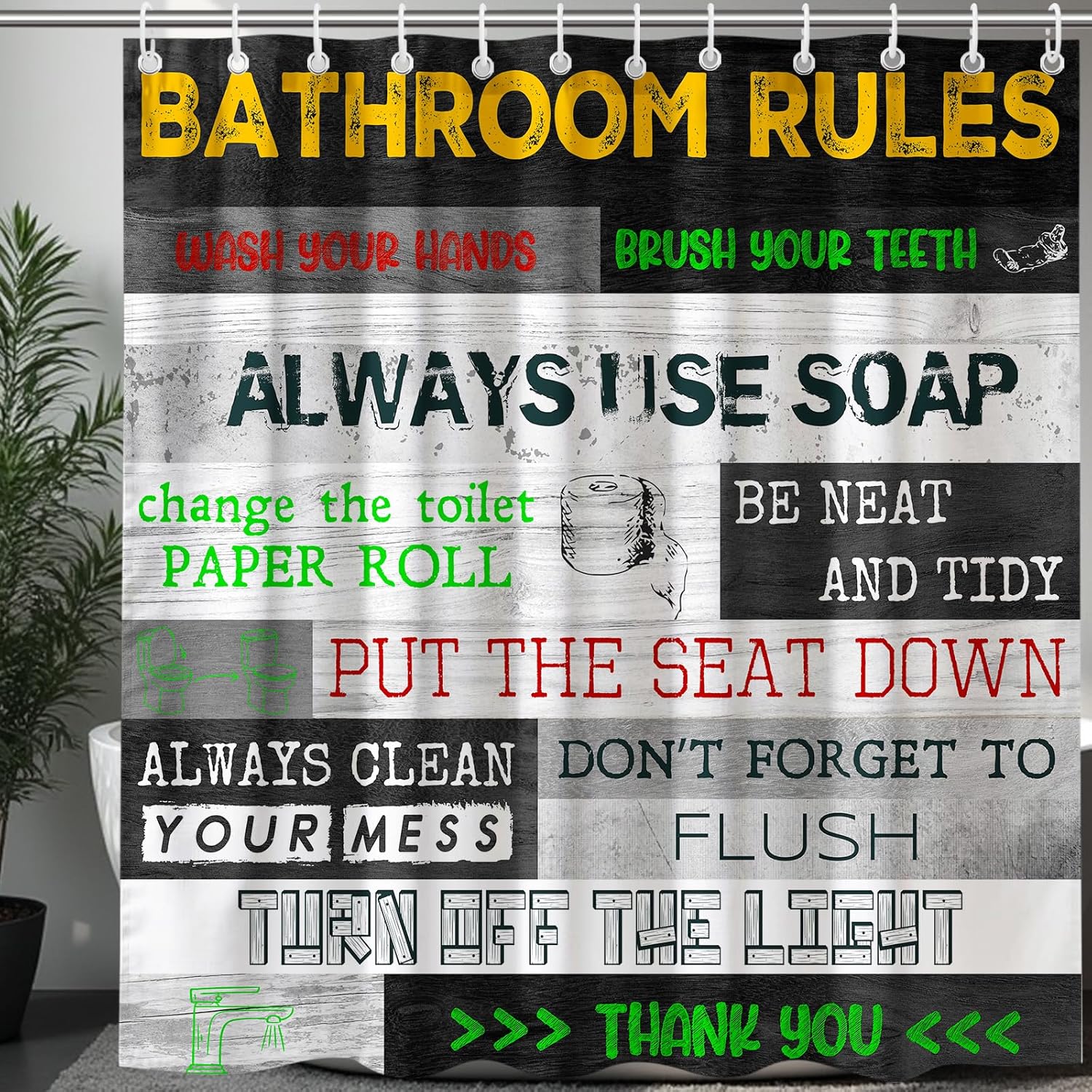 

Funny Bathroom Rules Sign Pattern Waterproof Polyester Shower Curtain 180X180Cm - Humorous Text Print Bath Curtain With Hooks W60H190(CM)-1 Pcs