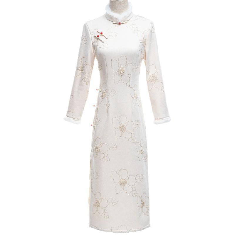 New Chinese Cheongsam 1011 New Improved Young Girl Fleece Thickened Daily Dress Long Sleeves Autumn and Winter