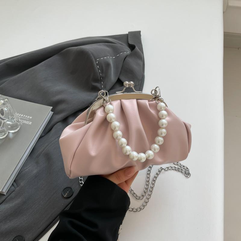 Luxury Pearl Handle Cloud Bag For Women PU Leather Pleated Shoulder Bag Elegant Female Crossbody Bag Clutch Evening Purse