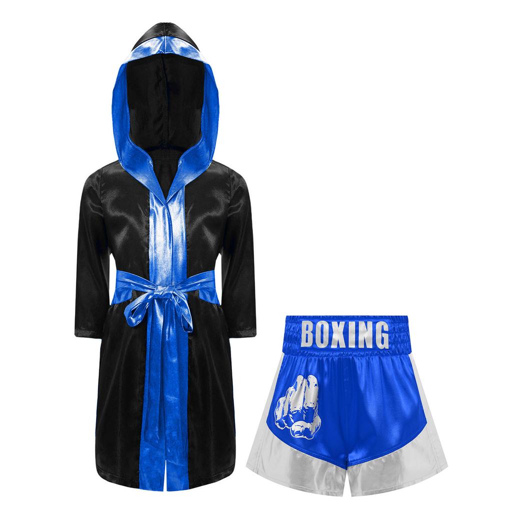 Kids Boys Girls Boxing Outfit Halloween Cosplay Costume Long Sleeve Open Front Metallic Trim Satin Belted Robe Hooded Cloak Sides Slit Shorts