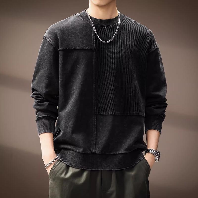 Men's American Retro Washed Patchwork Long Sleeve Sweatshirt