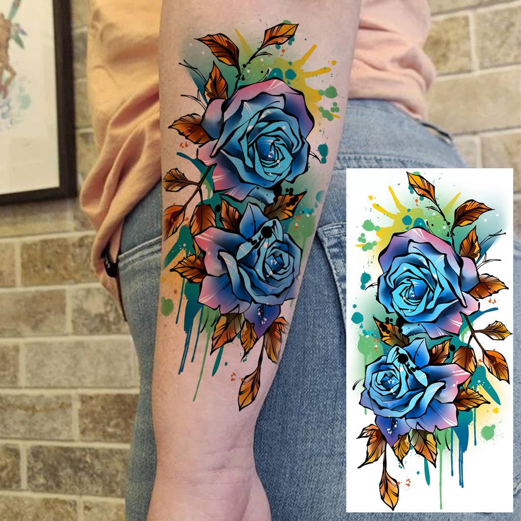 1 Sheet Butterfly Watercolor Flower Tiger Temporary Tattoos For Women Men Adults Fake Phoenix Parrot Lotus Tattoo Sticker Sleeve