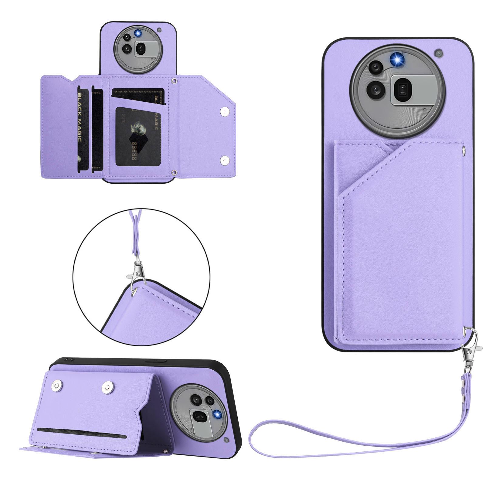 

For Nothing Phone (3a) Pro Case Card Holder Kickstand Skin-Touch Phone Cover with Wrist Strap Light Purple