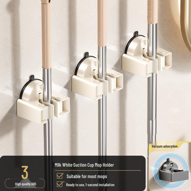No-Punch Broom & Mop Wall Mount Clip - Suction Cup Hanging Rack for Bathroom/Backdoor Storage