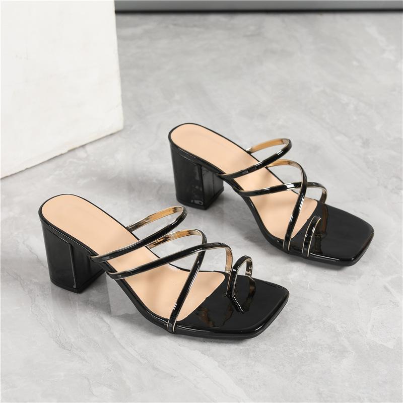 

Летние новые сандалии женские квадратный носок тонкий ремешок закрытый носок перекрещенные голые ремешки простая мода толстый каблук высокий каблук сандалии женские 43 чёрный