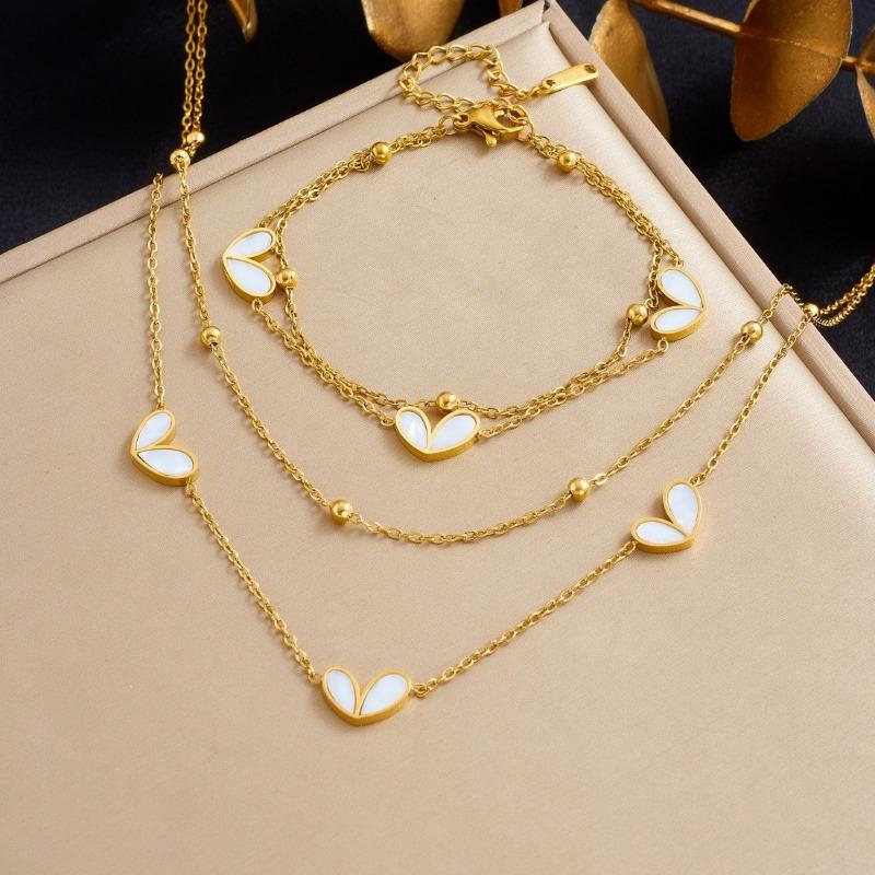 Gold Plated Stainless Steel Two Tone Heart Necklace Bracelet Jewelry Set for Women