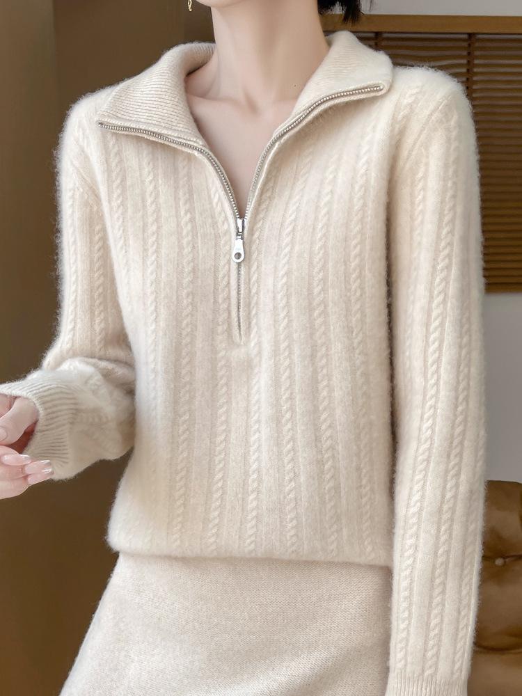 New Women's Thick Lapel Half-Zip Wool Sweater - Soft Cable Knit, Casual Loose Fit for Autumn/Winter