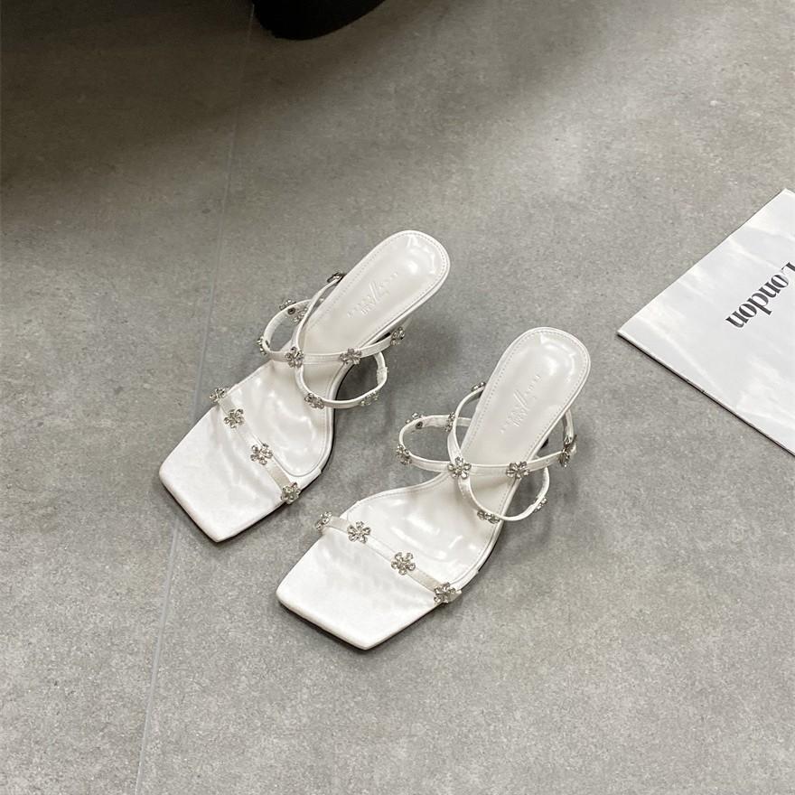 2025 spring new square head rhinestone thin heel high heels French fashion sexy temperament thin open-toed women's sandals