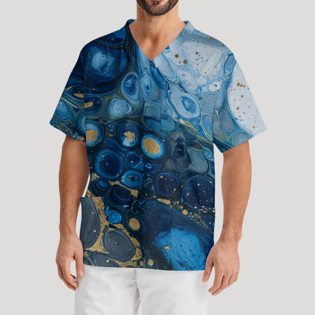 Bedrucktes kurzärmliges Herren-Arbeitsbluse mit V-Ausschnitt und Brusttasche für Pfleger