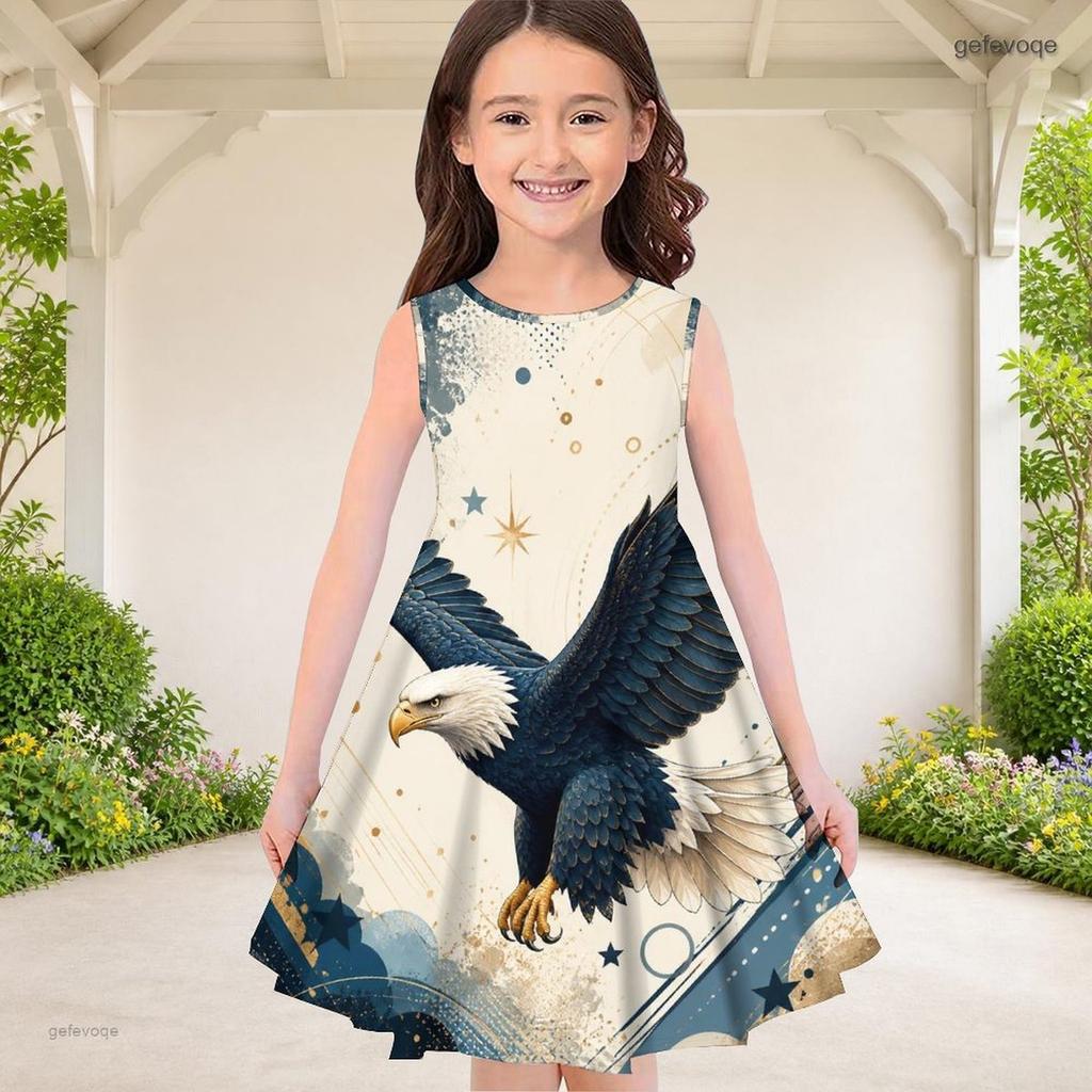Girls Round Neck Sleeveless Galaxy Printed A Line Flared Dress Red White Blue