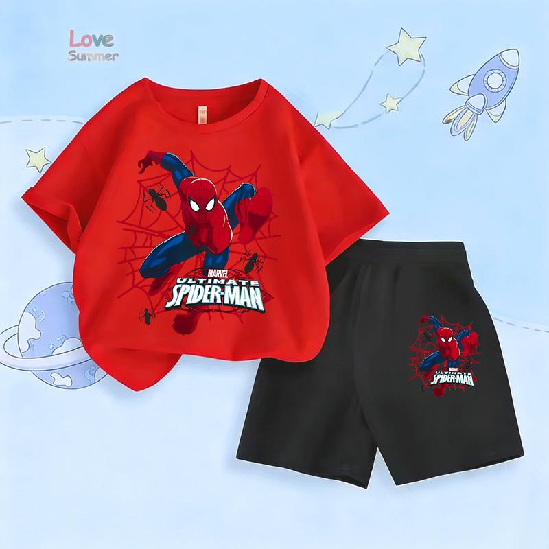 2026 Frühling/Sommer Spiderman Aufdruck Jungen Kurzarm Shorts Sport Zweiteiler Kinder Set Superhelden Set Kinder Alltagskleidung, Perfekt für Draußen