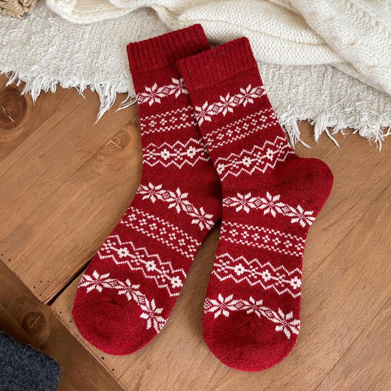 Winter and Autumn Thick and Warm Wool Socks for Children. Fair Isle Retro Snowflake Mid-calf Pullover Socks Paired with Boodles Shoes.
