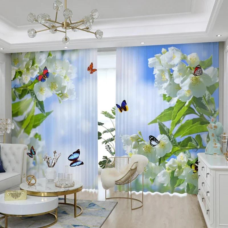 3D Rosa Blume Vorhang Grüne Pflanze Pastoral Dekor Transparenter Sichtschutzvorhang Wohnzimmer Schlafzimmer Bodenlanges Fenster Voile Vorhang