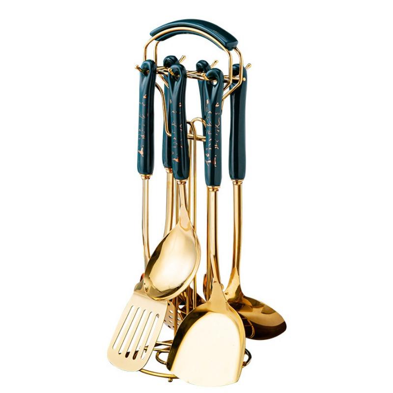 

Скандинавський світлий розкішний набір кухонного посуду Кулінарна лопатка Ложка Набір із семи предметів Керамічна ручка Лопатка з нержавіючої сталі Супова ложка Кухонні приналежності B золотий