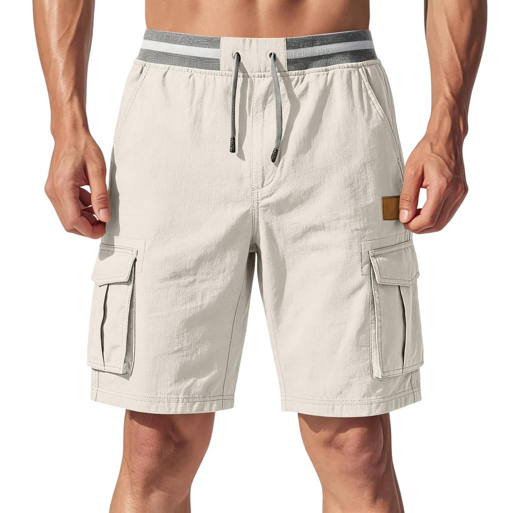 Pantalones Cortos Cargo Ligeros Transpirables con Cintura Elástica y Cordón, Estilo Casual Vintage para Hombre, Múltiples Bolsillos para Actividades al Aire Libre
