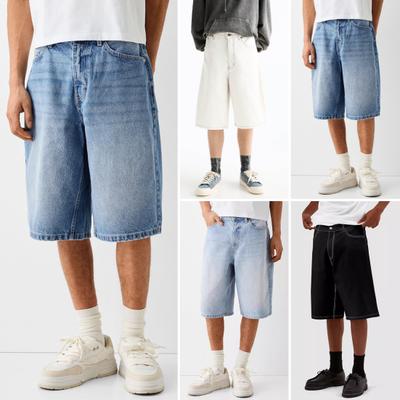 Men Denim Shorts Mid-rise Button Zipper Fly Summer Jeans Straight Wide Leg