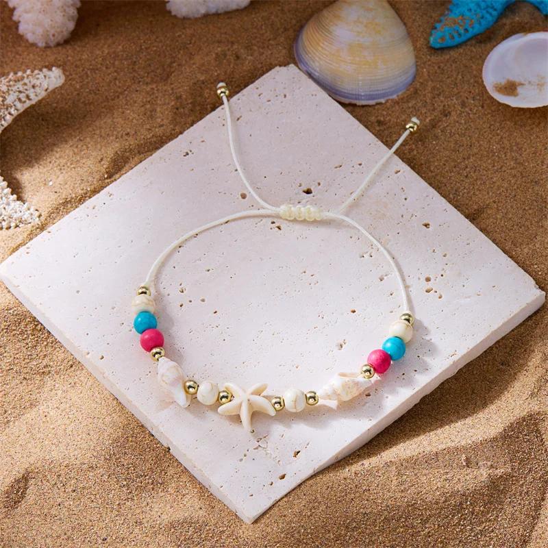 Trendy Bohemian Starfish Conch Shell Beads Bracelet For Women Girls Summer Beach Party Rice Bead Adjustable Bangle Jewelry