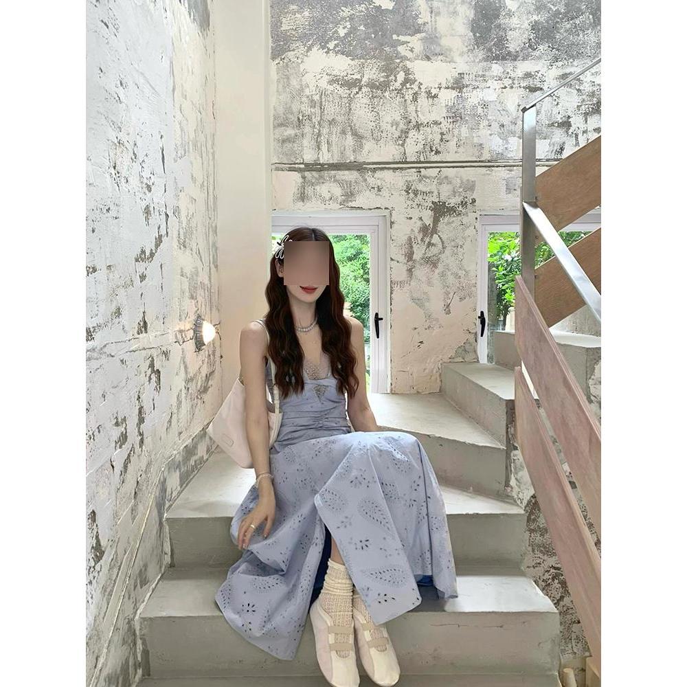 Beautiful waist pinch dress women's summer high sense summer blue sleeveless temperament lace splicing hollow dress