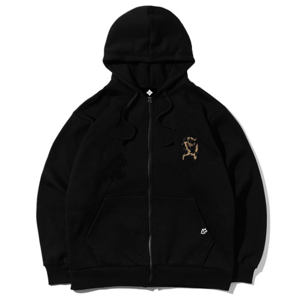 Eightvolume Ev E Emblem Leopard Terry Oversized Zip-Up Hoodie (Black)