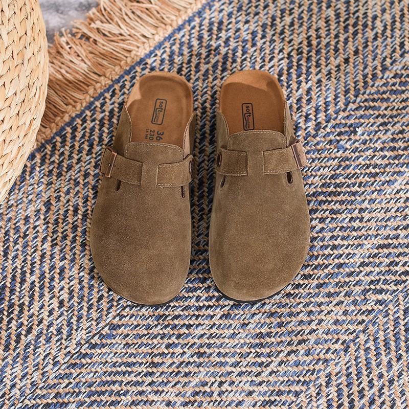 Cowhide version~ Grape mother men and women with the same leather cork Boken lazy people wear h sandals couple half drag Birken shoes