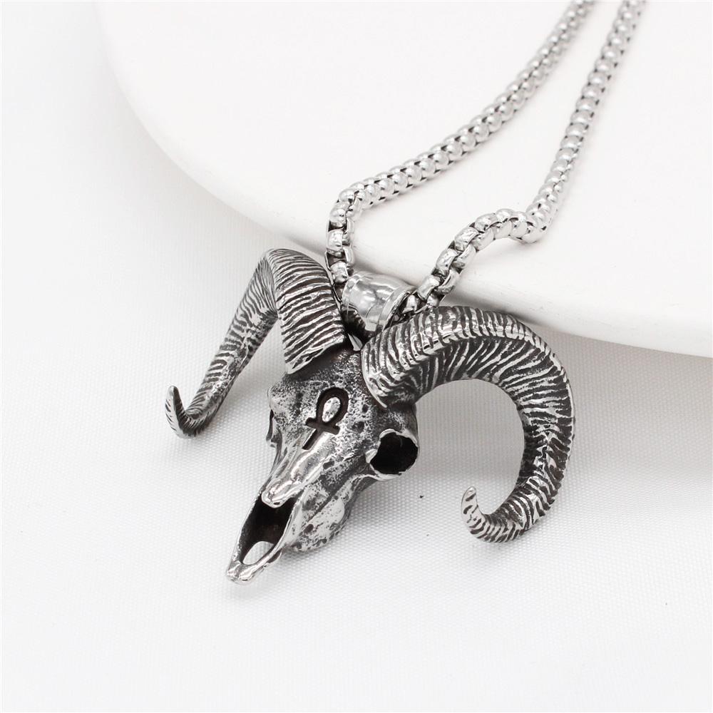 Retro  Gothic Goat Head Pendant Punk Stainless Steel Egyptian Cross Necklace Personality Amulet Jewelry Gift