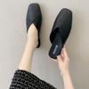 Women Mules Summer Elegant Square Closed Toe Flat Slippers Female Shoes Casual Artificial Leather Black White Slides Plus Size 34-43